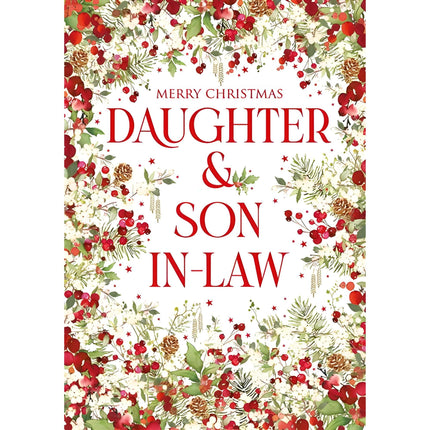 Christmas Card for Daughter & Son-in-Law - Festive Holly, Mistletoe & Pinecones - Red Foil Finish - Premium Quality Christmas Greeting Card with Envelope