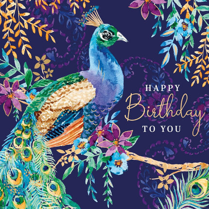 Birthday Card for Women - Lovely Peacock & Flowers Design - Embossed Rose Gold Foil Finish - Premium Greeting Card with Envelope