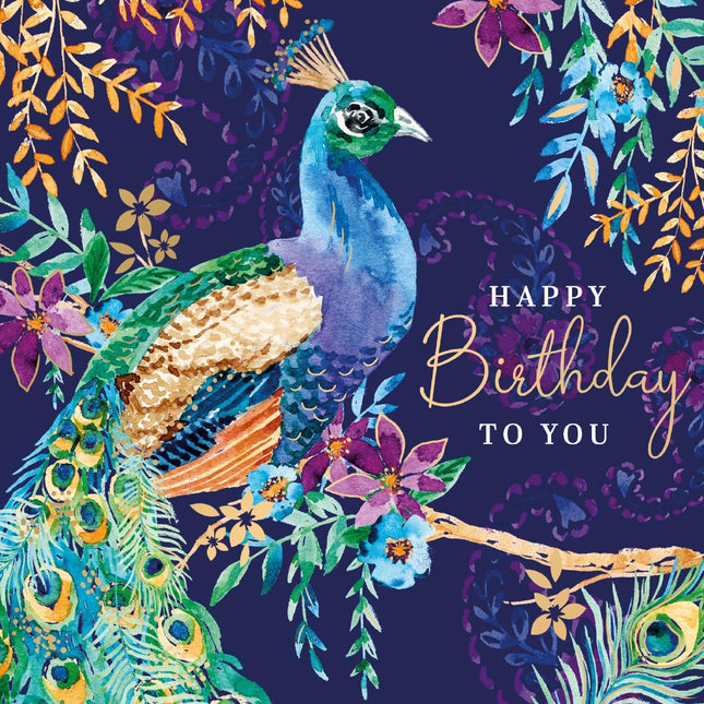 Birthday Card for Women - Lovely Peacock & Flowers Design - Embossed Rose Gold Foil Finish - Premium Greeting Card with Envelope