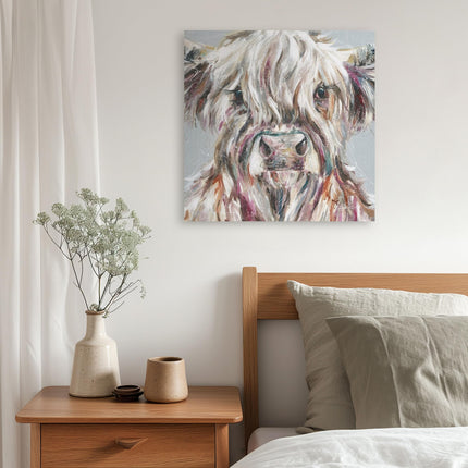 Artistic Highland Cow Canvas Wall Art - 'Ada' by Nicola Jane Rowles - Farm Animal Themed Artwork - Ready to Hang Home Décor - 40cm x 40cm