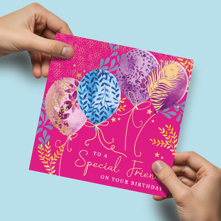 Birthday Card for Special Friend - Lovely Floral Balloon Design - Embossed Gold Foil Finish - Premium Greeting Card with Envelope
