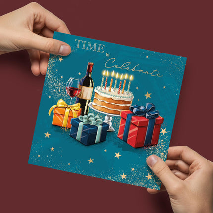 Birthday Card for Men - Stylish Cake & Wine Design - Premium Birthday Greeting Card with Envelope