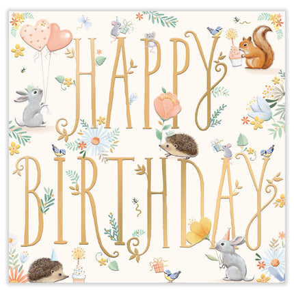 Birthday Card for Women - Adorable Woodland Animals & Party Design - Embossed Gold Foil Finish - Premium Greeting Card with Envelope