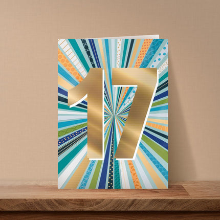 17th Birthday Card for Teenage Boys - Modern Age 17 Design - Embossed Gold Foil Finish - Premium Greeting Card with Envelope