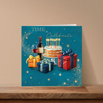 Birthday Card for Men - Stylish Cake & Wine Design - Premium Birthday Greeting Card with Envelope
