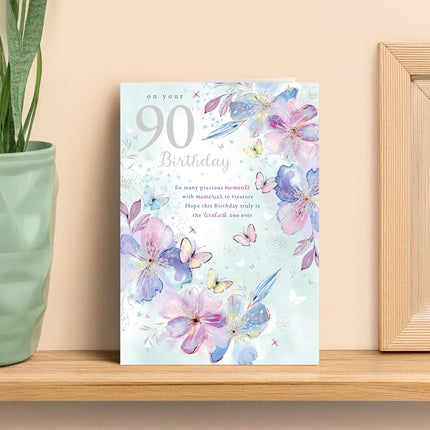 90th Birthday Card for Women - Age 90 Pretty Floral Butterflies Design - Silver Foil Finish - Premium Greeting Card with Envelope