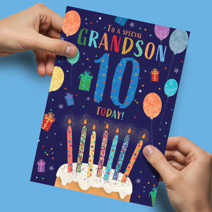 10th Birthday Card for Grandson - Age 10 Fun Cake & Balloons Design - Premium Greeting Card with Envelope