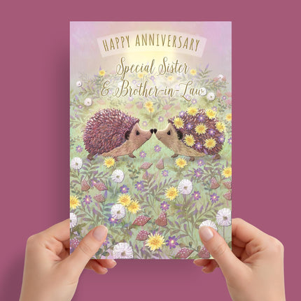 Special Sister and Brother-in-Law Anniversary Card - Happy Anniversary Card with Cute Artistic Floral Hedgehog Design - Anniversary Card for a Special Couple