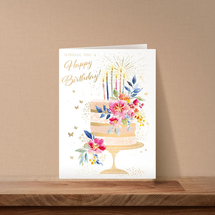 Birthday Card for Women - Pretty Floral Cake & Butterflies Design - Embossed Gold Foil Finish - Premium Greeting Card with Envelope