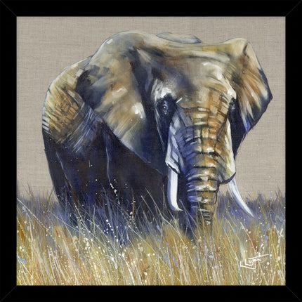 Elephant Framed Print Wall Art - Animal Themed Home Decor - Louise Luton Artwork - Ready to Hang 'Little Fields of Gold' Painting - 43.5 x 43.5 cm