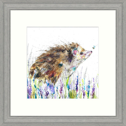 Hedgehog and Bumble Bee Framed Print - Lavender Painting by Nicola Jane Rowles - Contemporary Animal Themed Artwork - 35 x 35 cm