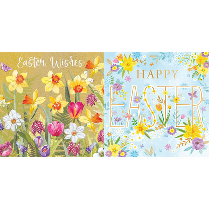 Easter Greeting Cards Pack of 6 - Happy Easter Cards with 2 Assorted Spring Flowers Designs - Daffodils and Tulips - General Multipack for Family and Friends - 127 x 127mm