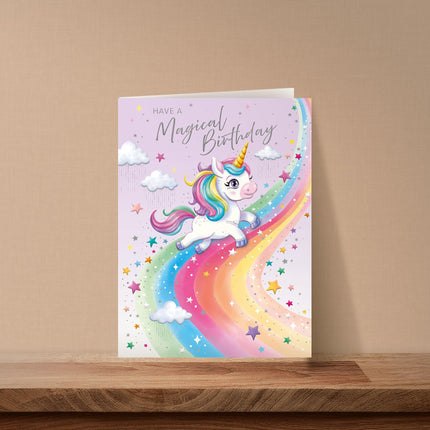 Birthday Card for Girls - Magical Unicorn & Rainbow Design - Embossed Silver Foil Finish - Premium Greeting Card with Envelope
