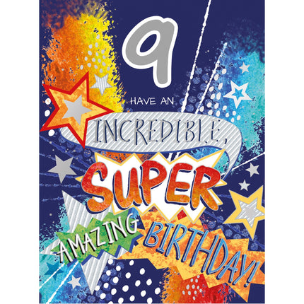 Boys 9th Birthday Card - Colourful Stars Design - Incredible, Super, Amazing Birthday - Age 9 Happy Birthday Card for Him