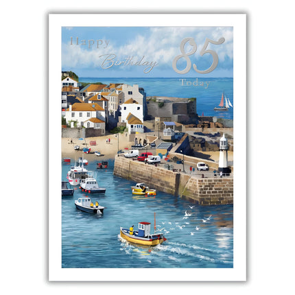 Male 85th Birthday Card - Happy Birthday Card for Men Age 85 with Artistic Seaside Harbour Design