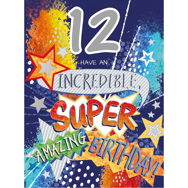 Boys 12th Birthday Card - Colourful Stars Design - Incredible, Super, Amazing Birthday - Age 12 Happy Birthday Card for Him