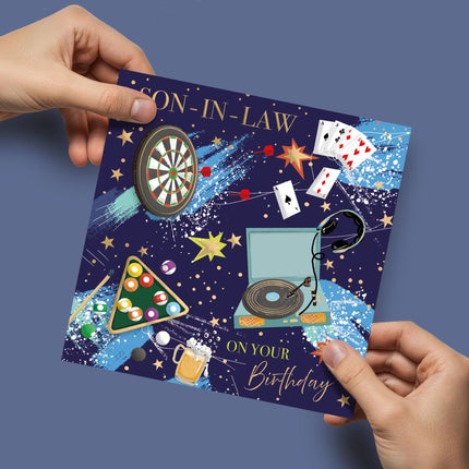 Birthday Card for Son-In-Law - Fun Sports & Music Design - Embossed Gold Foil Finish - Premium Greeting Card with Envelope - Eco-Friendly & Recyclable