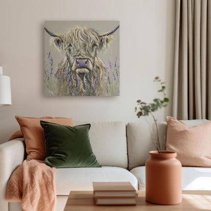 Artistic Highland Cow Canvas Wall Art - 'Lavender' by Louise Luton - Animal Themed Artwork - Ready to Hang Home Décor - 40cm x 40cm
