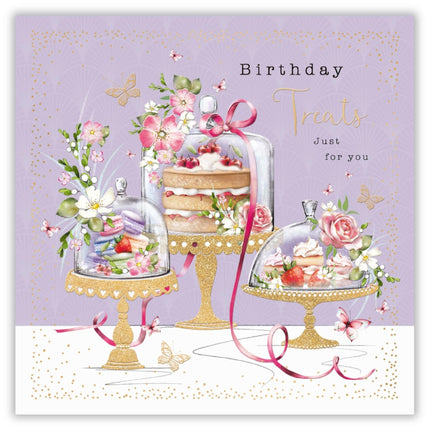 Birthday Card for Women - Pretty Cake and Floral Design - Embossed Foil Finish - Feminine Birthday Greeting Card