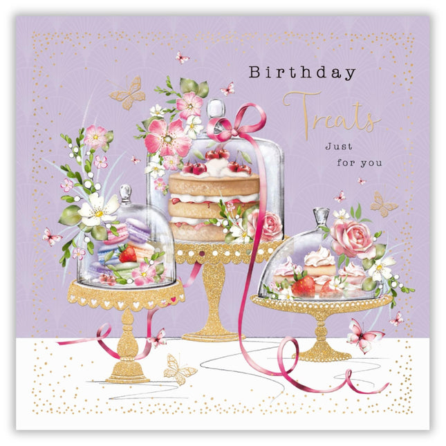Birthday Card for Women - Pretty Cake and Floral Design - Embossed Foil Finish - Feminine Birthday Greeting Card
