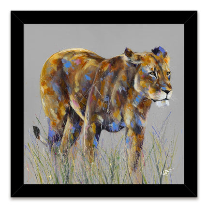 Lioness Framed Print Wall Art - 'Huntress' by Louise Luton - Safari Animal Themed Artwork - Ready to Hang Home Décor - 33.5cm x 33.5cm