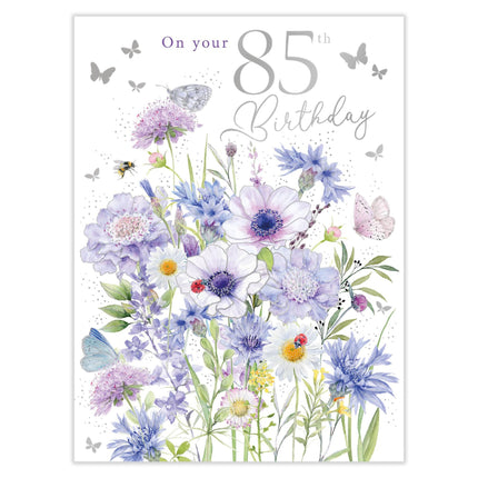 85th Birthday Card for Women - Age 85 Pretty Floral Butterflies & Bumblebees Design - Embossed Silver Foil Finish - Premium Greeting Card with Envelope