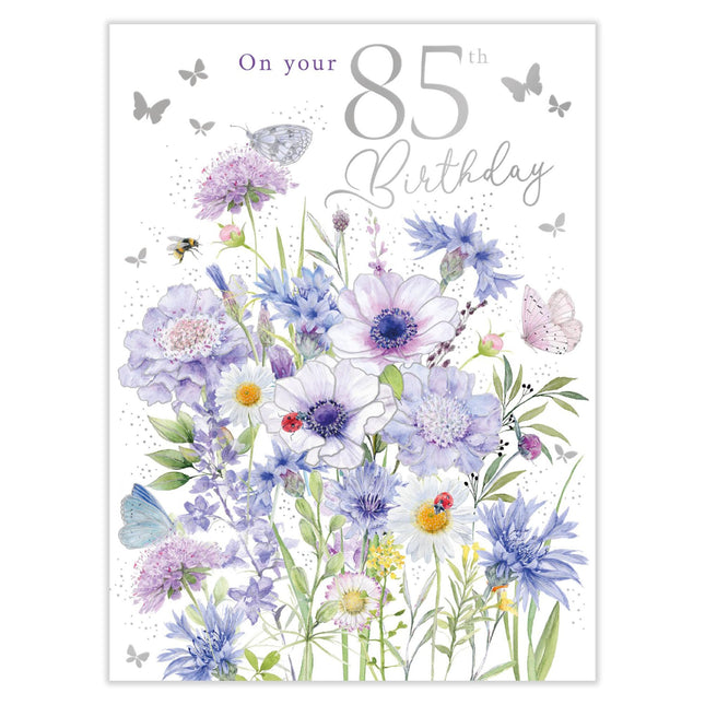 85th Birthday Card for Women - Age 85 Pretty Floral Butterflies & Bumblebees Design - Embossed Silver Foil Finish - Premium Greeting Card with Envelope
