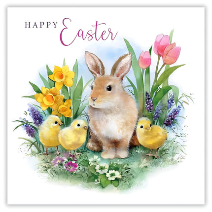 Easter Greeting Cards Pack of 4 - Happy Easter Cards with Rabbit, Chicks and Spring Flowers Design - Cards for Women, Children