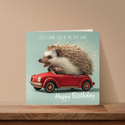 Funny Birthday Card for Men or Women - Amusing Hedgehog & Classic Car Design - Premium Greeting Card with Envelope - Eco-Friendly & Recyclable