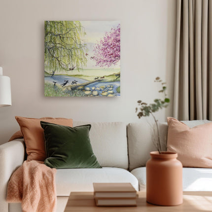 Rabbits in the Countryside Canvas Wall Art - Artistic 'Racing Home' by Catherine Stephenson - Animal Themed Artwork - Ready to Hang Quirky Home Décor Painting - 40 x 40cm