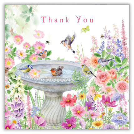 Blank Notecards Pack of 6 - Pretty Floral Bird Bath Design - Blank Greeting Cards with Envelopes - 'Thank You'