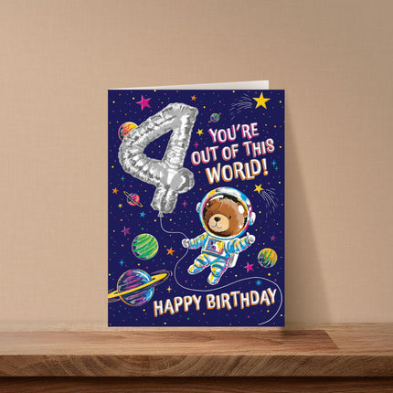 4th Birthday Card for Boys - Age 4 Fun Space Design - Embossed Silver Foil Finish - Premium Greeting Card with Envelope
