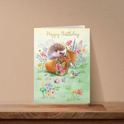 Birthday Card - Happy Birthday Card with Floral Garden and Hedgehog Design - Birthday Card for Women