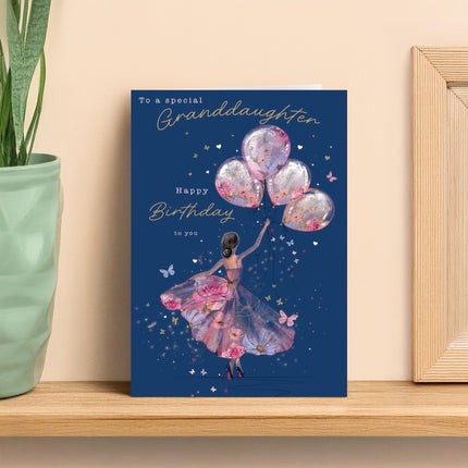 Birthday Card for Granddaughter - Pretty Girl & Floral Balloons Design - Premium Greeting Card with Envelope