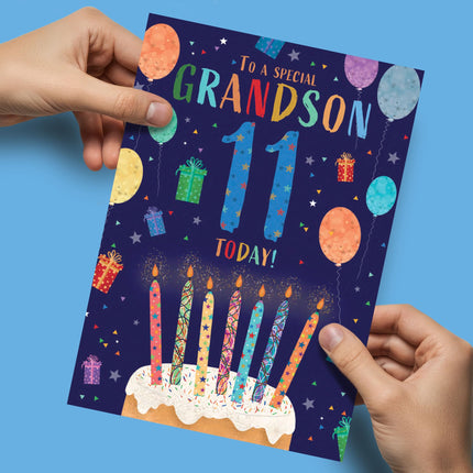 11th Birthday Card for Grandson - Age 11 Fun Cake & Balloons Design - Premium Greeting Card with Envelope