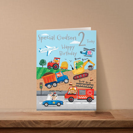 2nd Birthday Card for Godson - Age 2 Cute Animal & Vehicle Design with Trucks, Diggers & Emergency Transport - Premium Greeting Card with Envelope