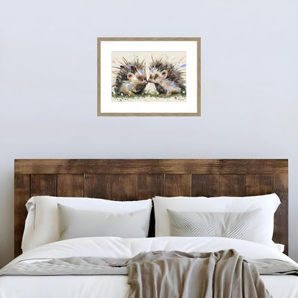 Hedgehog Framed Print Wall Art - Ready to Hang Contemporary Animal Themed Home Decor - 'Hedgehugs' Painting by Ashley Saunders - 32 x 42 cm Framed Picture