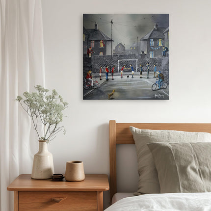 Football Game Canvas Print Wall Art - 'Derby Day' by Adam Barsby - Nostalgic Childhood Street Themed Artwork - Ready to Hang Home Décor - 40 x 40cm