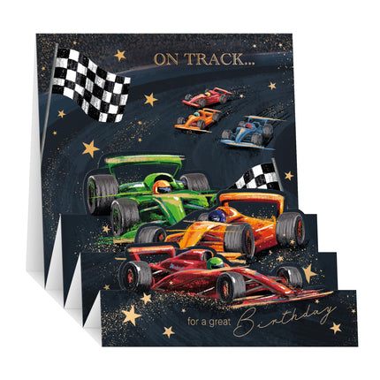 3D Pop Up Birthday Card for Men - Sporty F1 Racing Design - Embossed Gold Foil Finish - Premium Greeting Card with Envelope