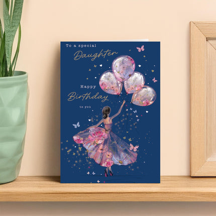 Birthday Card for Daughter - Elegant Girl & Floral Balloons Design - Premium Greeting Card with Envelope