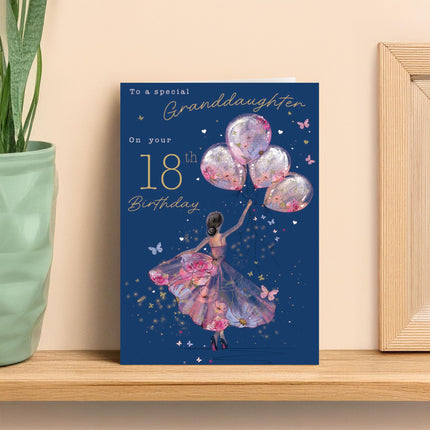18th Birthday Card for Granddaughter - Age 18 Elegant Girl & Floral Balloons Design - Premium Greeting Card with Envelope
