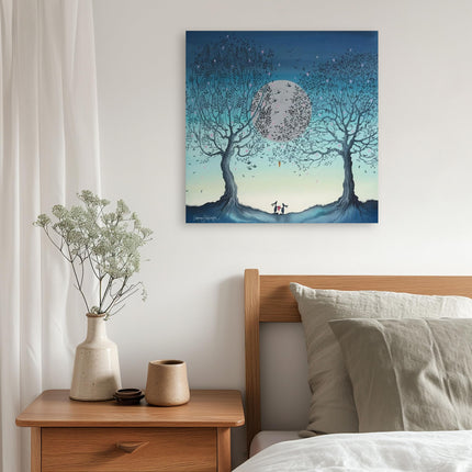 Rabbits, Trees & Moon Canvas Wall Art - 'Hope Moon II' by Catherine J Stephenson - Whimsical Love-Themed Animal Print - Ready to Hang Home Décor - 40cm x 40cm