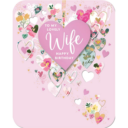 Lovely Wife Birthday Card - Happy Birthday Card with Floral Heart Design and a Foil Finish with Embellishments - Birthday Card for Women