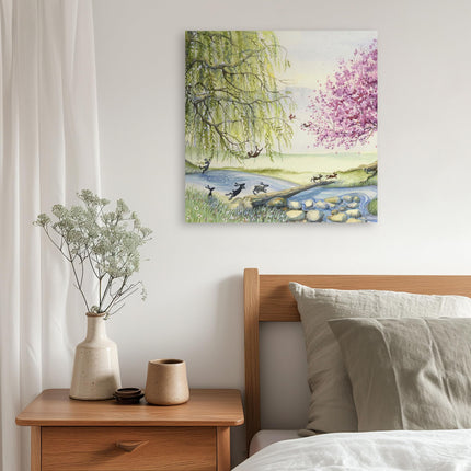 Rabbits in the Countryside Canvas Wall Art - Artistic 'Racing Home' by Catherine Stephenson - Animal Themed Artwork - Ready to Hang Quirky Home Décor Painting - 40 x 40cm