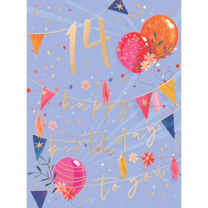 Girls 14th Birthday Card - Age 14 - Balloons and Bunting Design - Made in the UK - Eco-Friendly