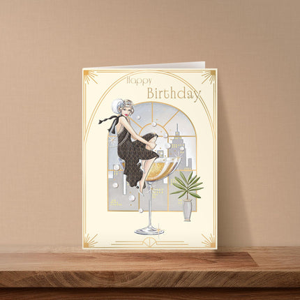 Birthday Card for Women - Glamorous Art Deco Cocktail Design - Embossed Gold Foil Finish - Premium Greeting Card with Envelope