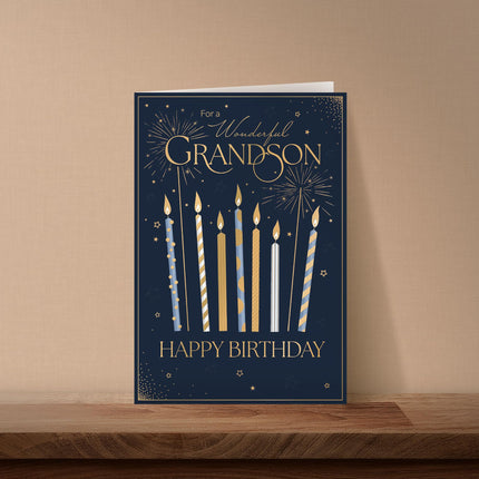 Birthday Card for Grandson - Charming Candles & Stars Design - Embossed Gold Foil Finish - Premium Greeting Card with Envelope