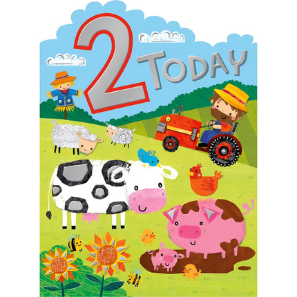 2nd Birthday Card for Boys - Fun Farmyard Design with Tractor and Animals - Embossed Foil Finish - Age 2 Birthday Greeting Card for Him