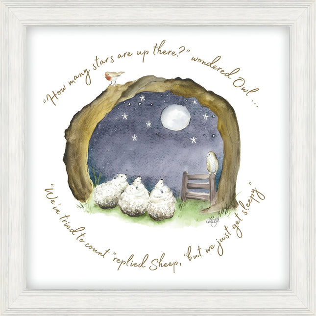 Sheep at Night Framed Wall Art Print - Ready to Hang Animal Themed Nursery Decor - 'Counting Stars' by Sarah Reilly - 35 x 35cm Framed Picture