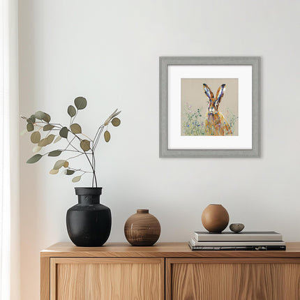 Hare & Wildflowers Framed Print Wall Art - 'Spring Meadow' by Louise Luton - Wildlife Themed Artwork - Ready to Hang Animal Home Décor - 35cm x 35cm